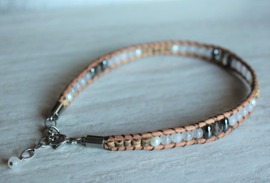 Anklet - Beige Leather + Snow Quartz