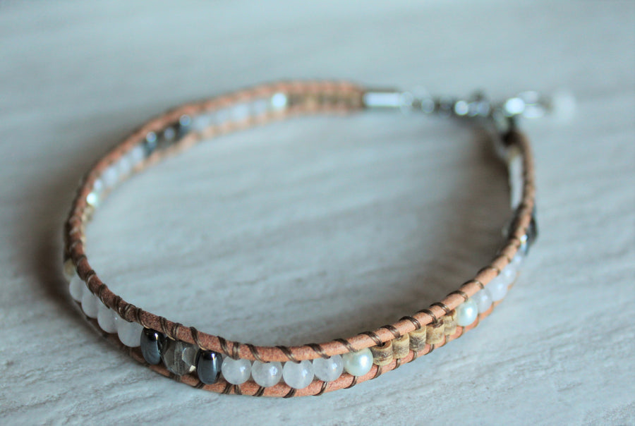 Anklet - Beige Leather + Snow Quartz